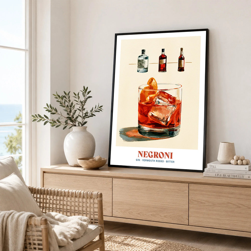 Negroni Italian Cocktail Recipe Poster - framed artwork living room lifestyle setting