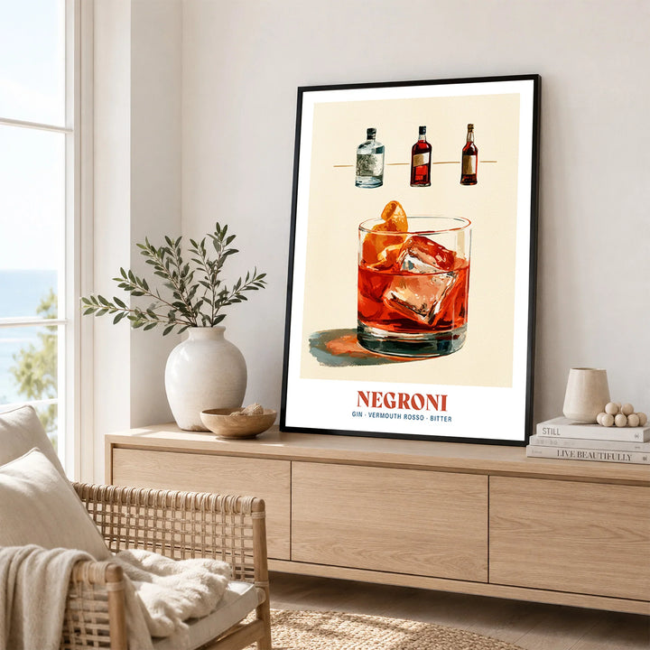 Negroni Italian Cocktail Recipe Poster - framed artwork living room lifestyle setting