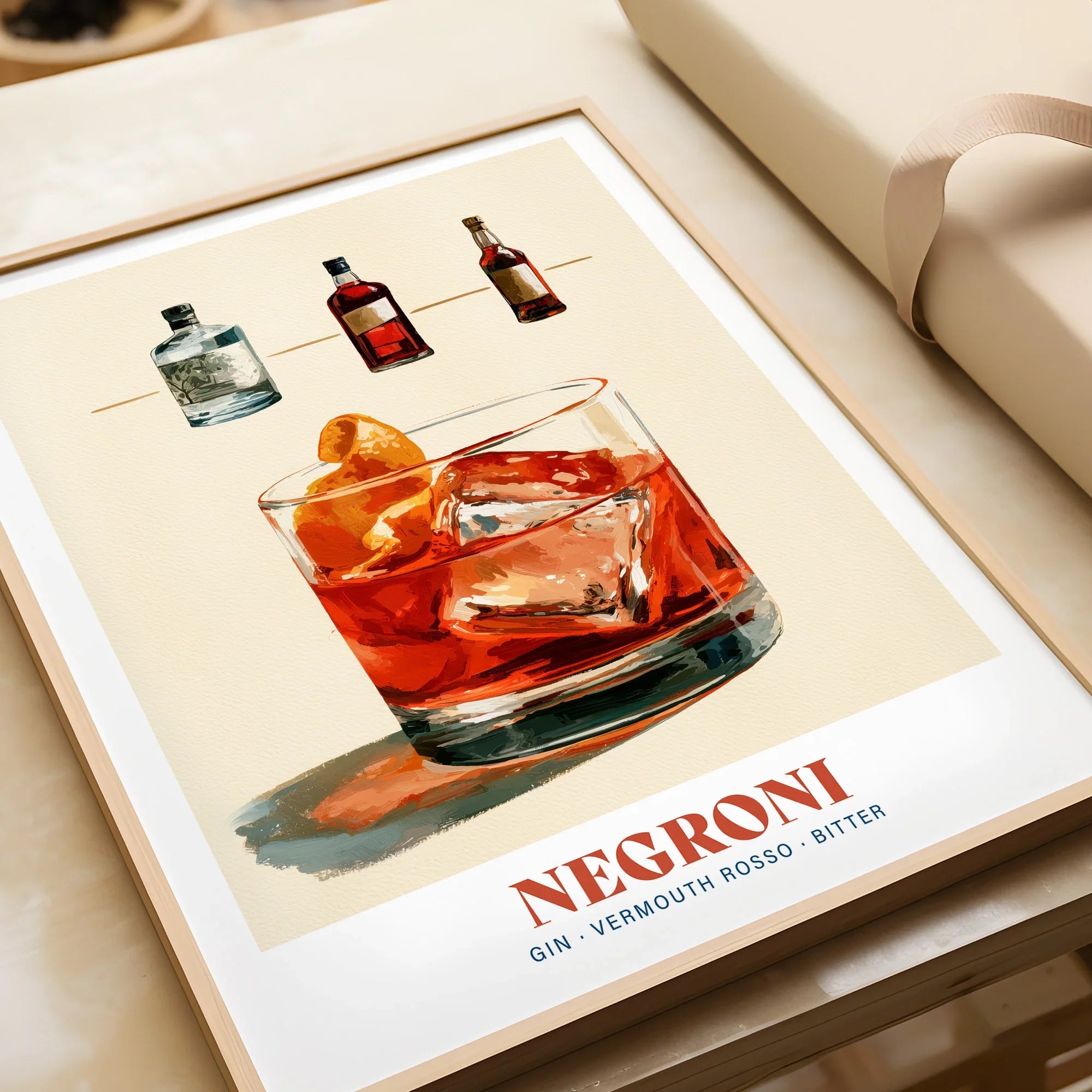 Negroni Italian Cocktail Recipe Poster - framed art print closeup gift unwrapped natural frame