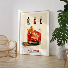 Negroni Italian Cocktail Recipe Poster - large framed print room setting chair plant