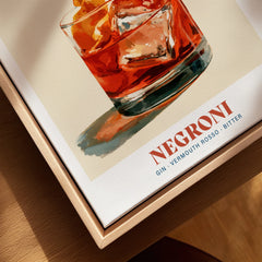 Negroni Italian Cocktail Recipe Poster - closeup framed canvas natural wood floating frame