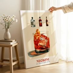 Negroni Italian Cocktail Recipe Poster - canvas print mirror edge hand holding room setting