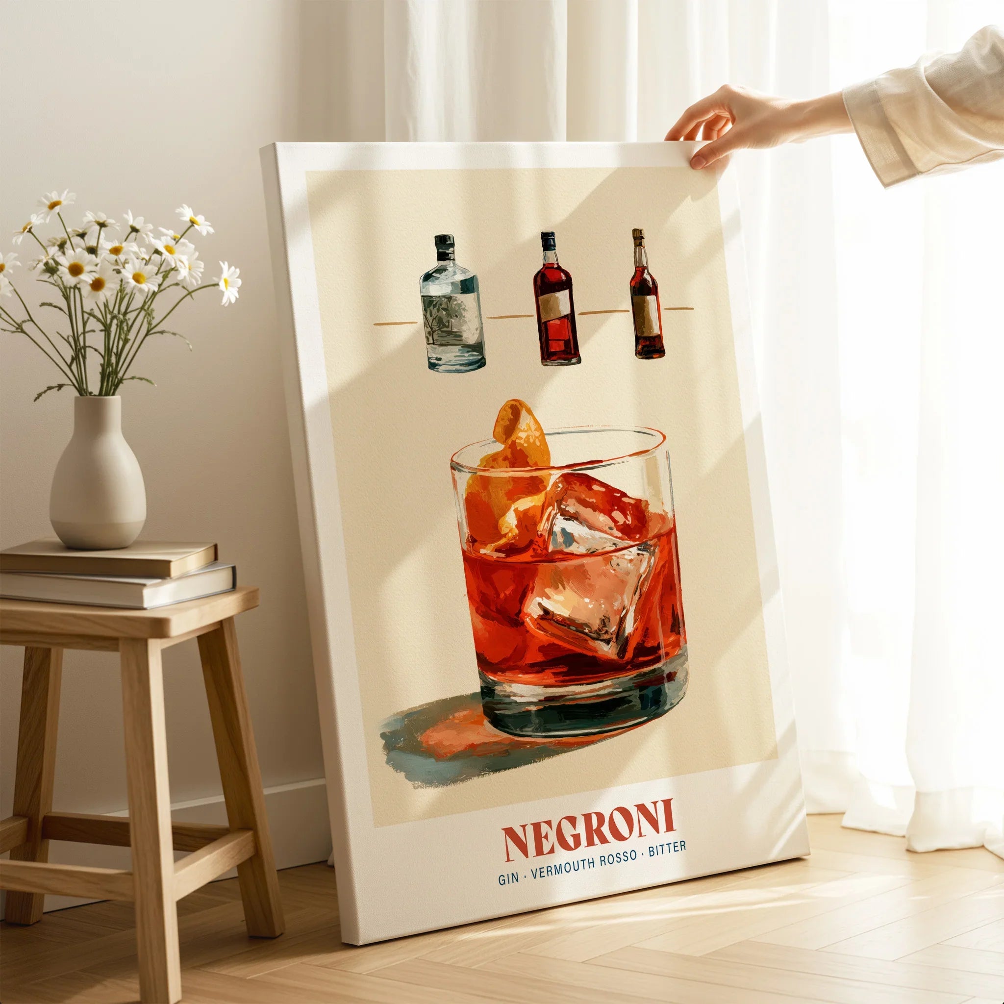 Negroni Italian Cocktail Recipe Poster - canvas print mirror edge hand holding room setting