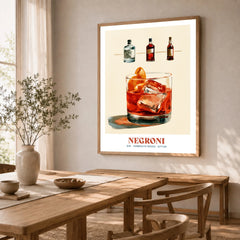 Negroni Italian Cocktail Recipe Poster - dining room framed print natural wood frame mockup ThisArtWorld