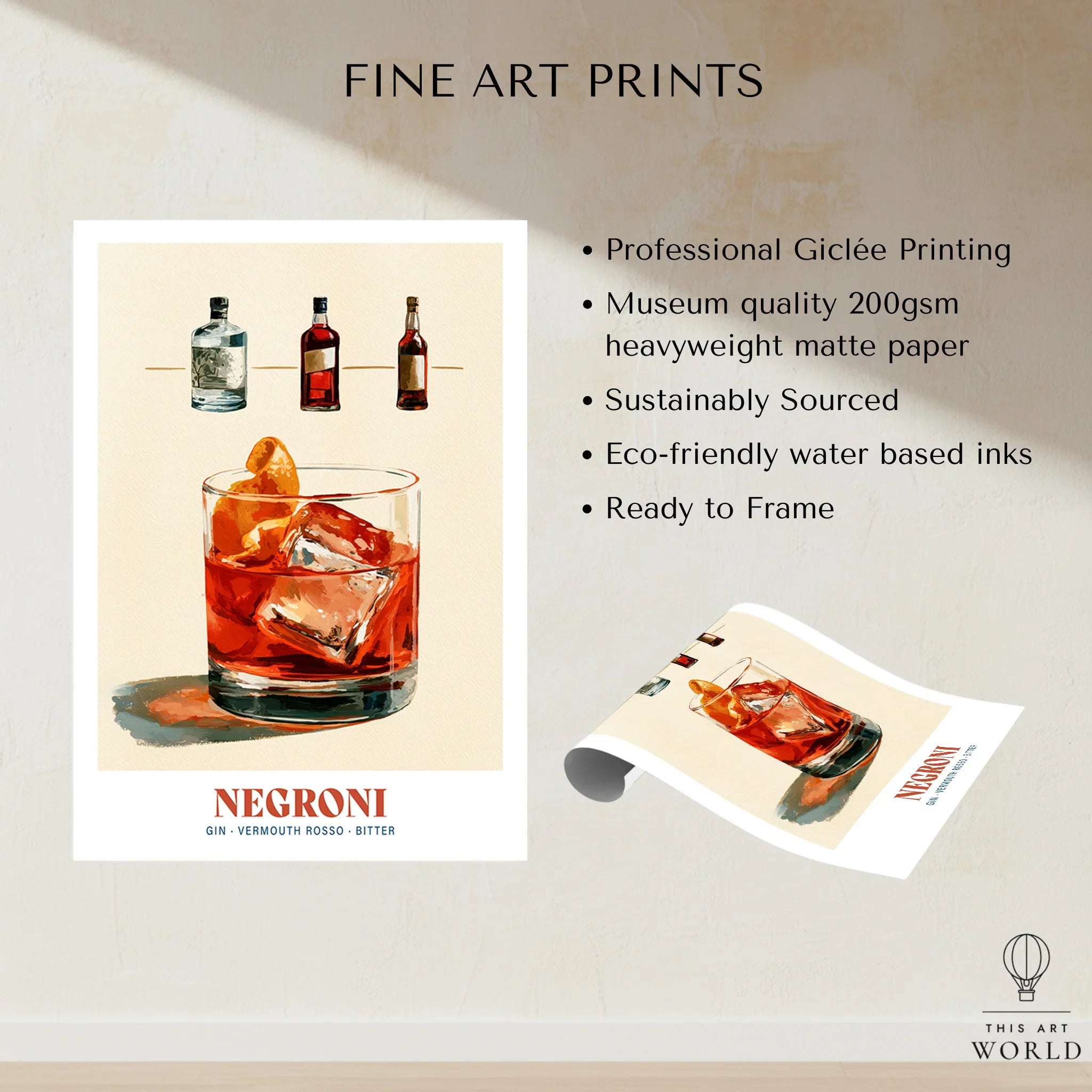 Negroni Italian Cocktail Recipe Poster - fine art print unframed quality details