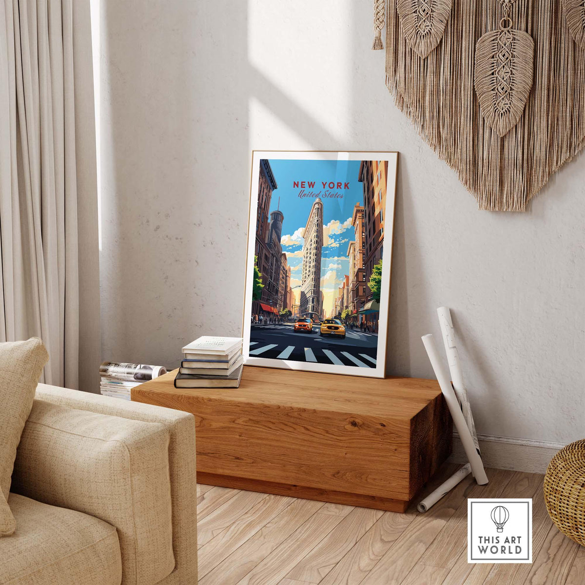 New York City print featuring the Flatiron Building in a stylish interior setting with natural light.