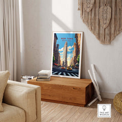 New York City print featuring the Flatiron Building in a stylish interior setting with natural light.