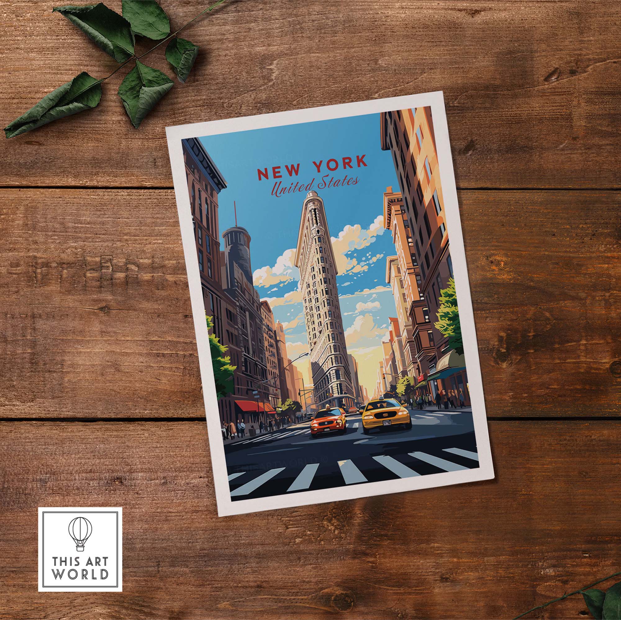 New York City print featuring the Flatiron Building and bustling Manhattan street scene. Ideal NYC wall art for enthusiasts.