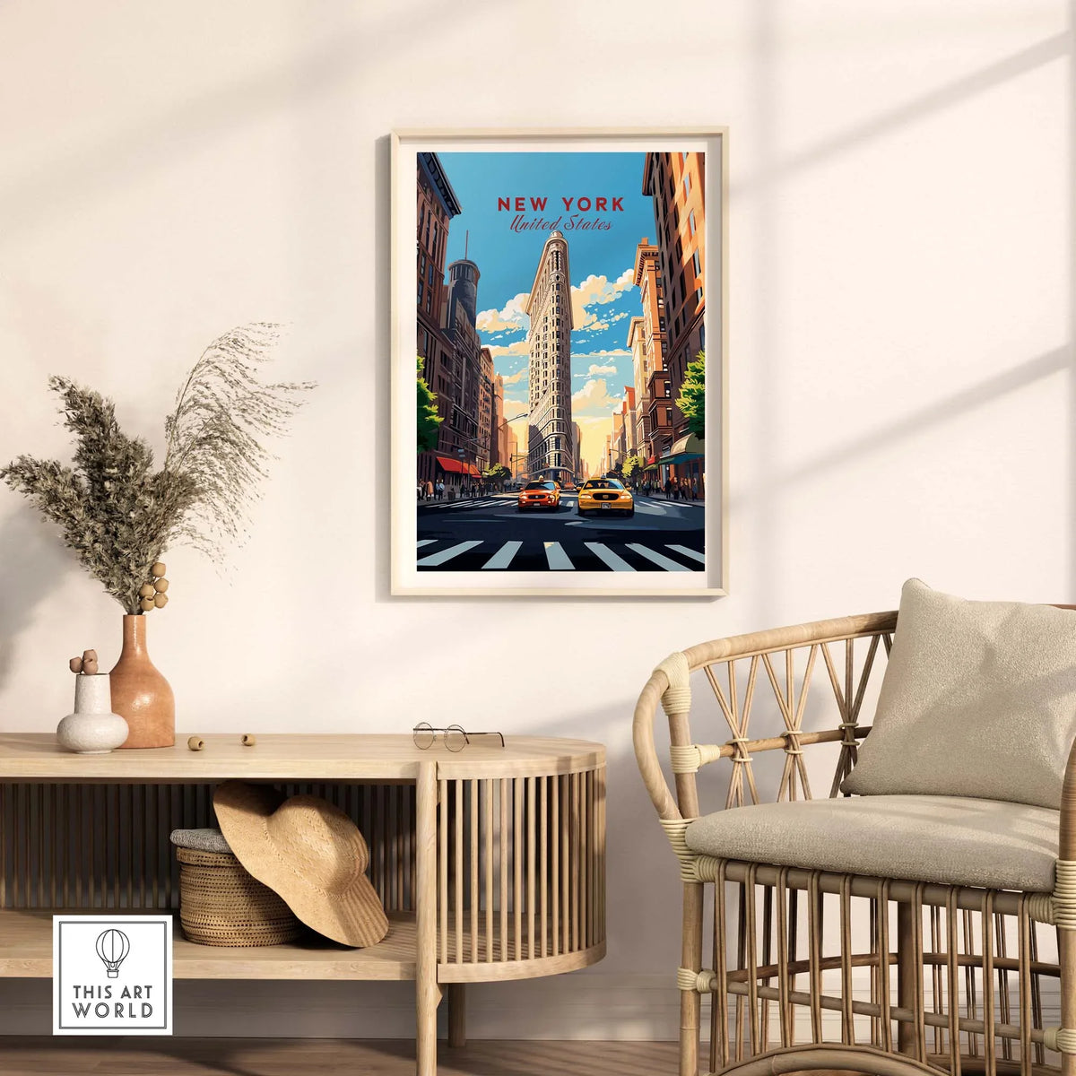 New York City Print featuring the Flatiron Building and bustling Manhattan street life in a stylish home setting.