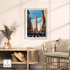 New York City Print featuring the Flatiron Building and bustling Manhattan street life in a stylish home setting.