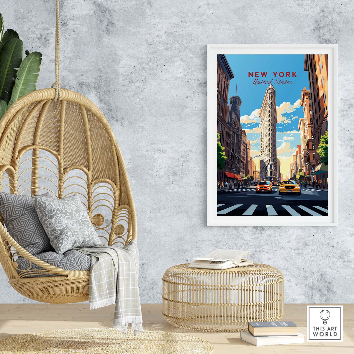 New York City print featuring the Flatiron Building, Manhattan street scene with yellow taxis and vibrant blue sky.