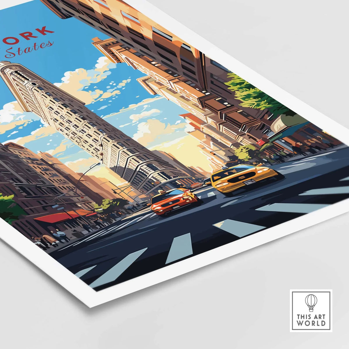 Vibrant New York City print featuring the iconic Flatiron Building and bustling Manhattan streets with yellow taxis.