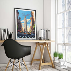 New York City print featuring the Flatiron Building displayed in a stylish home office setting.