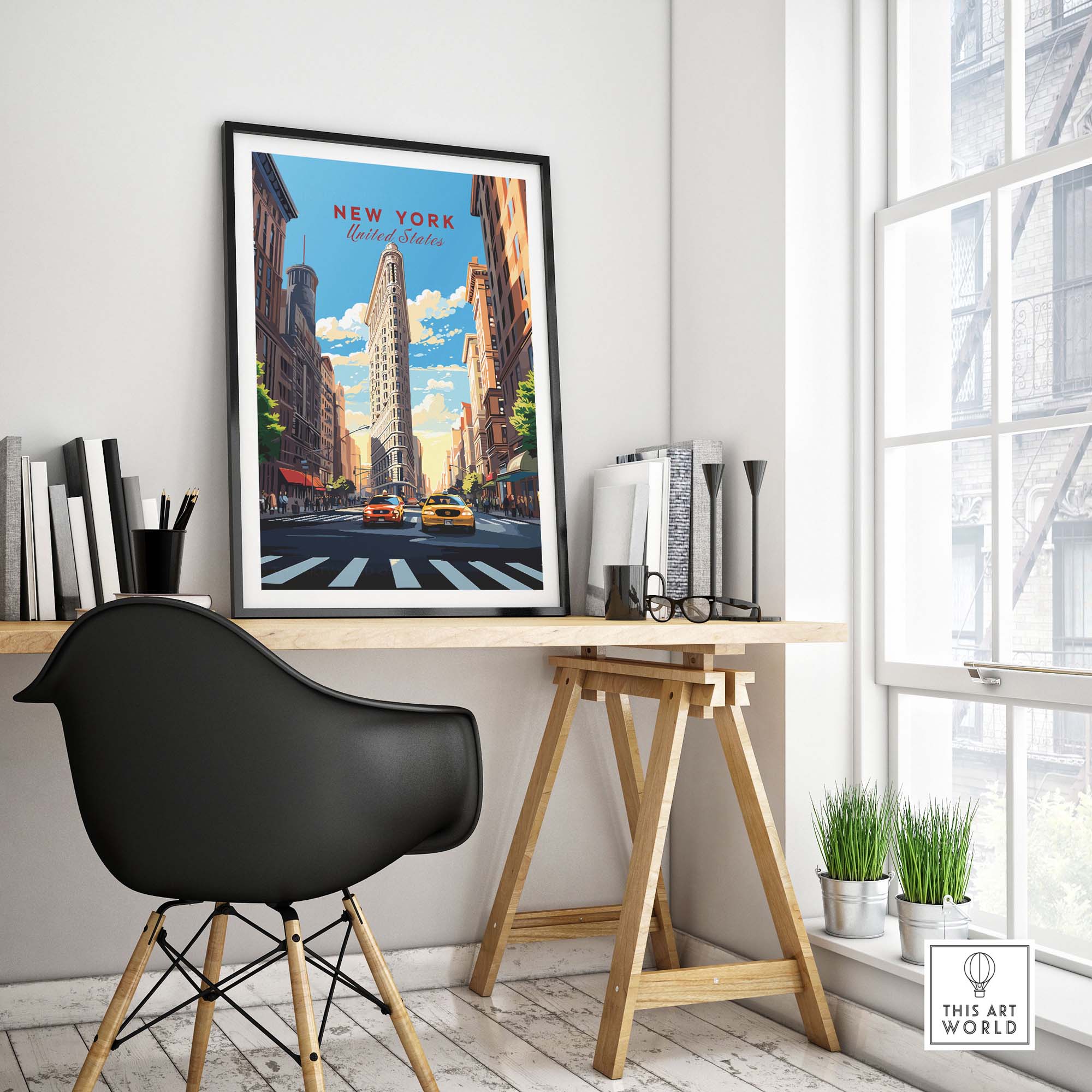 New York City print featuring the Flatiron Building displayed in a stylish home office setting.