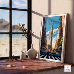 New York City print featuring the Flatiron Building, vibrant Manhattan scene, displayed in a sunlit room.