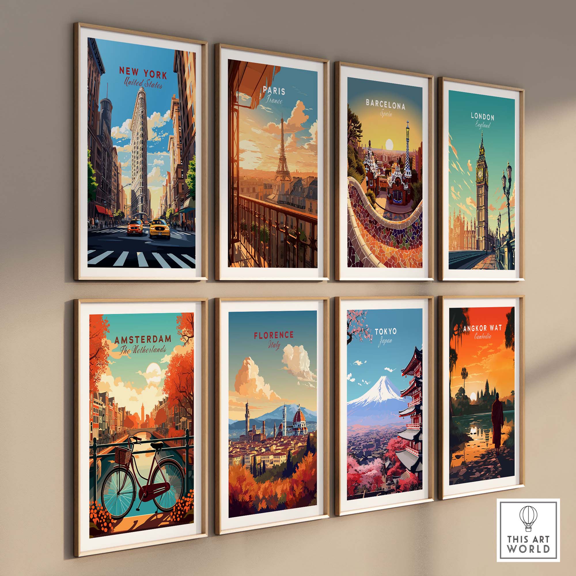 Colorful travel-themed art prints featuring iconic landmarks from New York, Paris, Barcelona, London, Amsterdam, Florence, Tokyo, and Angkor Wat.
