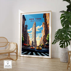 New York City Print featuring the Flatiron Building and vibrant Manhattan street life in a stylish interior setting.