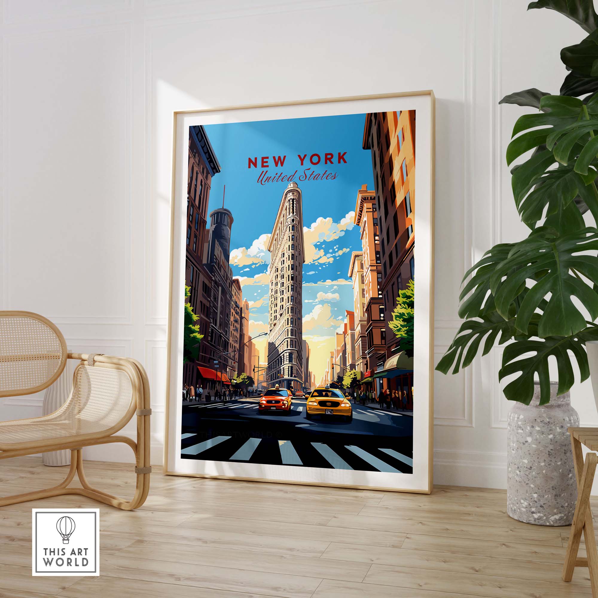 New York City Print featuring the Flatiron Building and vibrant Manhattan street life in a stylish interior setting.