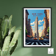 New York City print featuring the iconic Flatiron Building and bustling Manhattan street scene with cars.