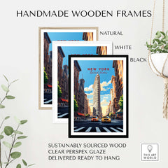 Handmade wooden frames in natural, white, and black for New York City print wall art. Sustainably sourced and ready to hang.