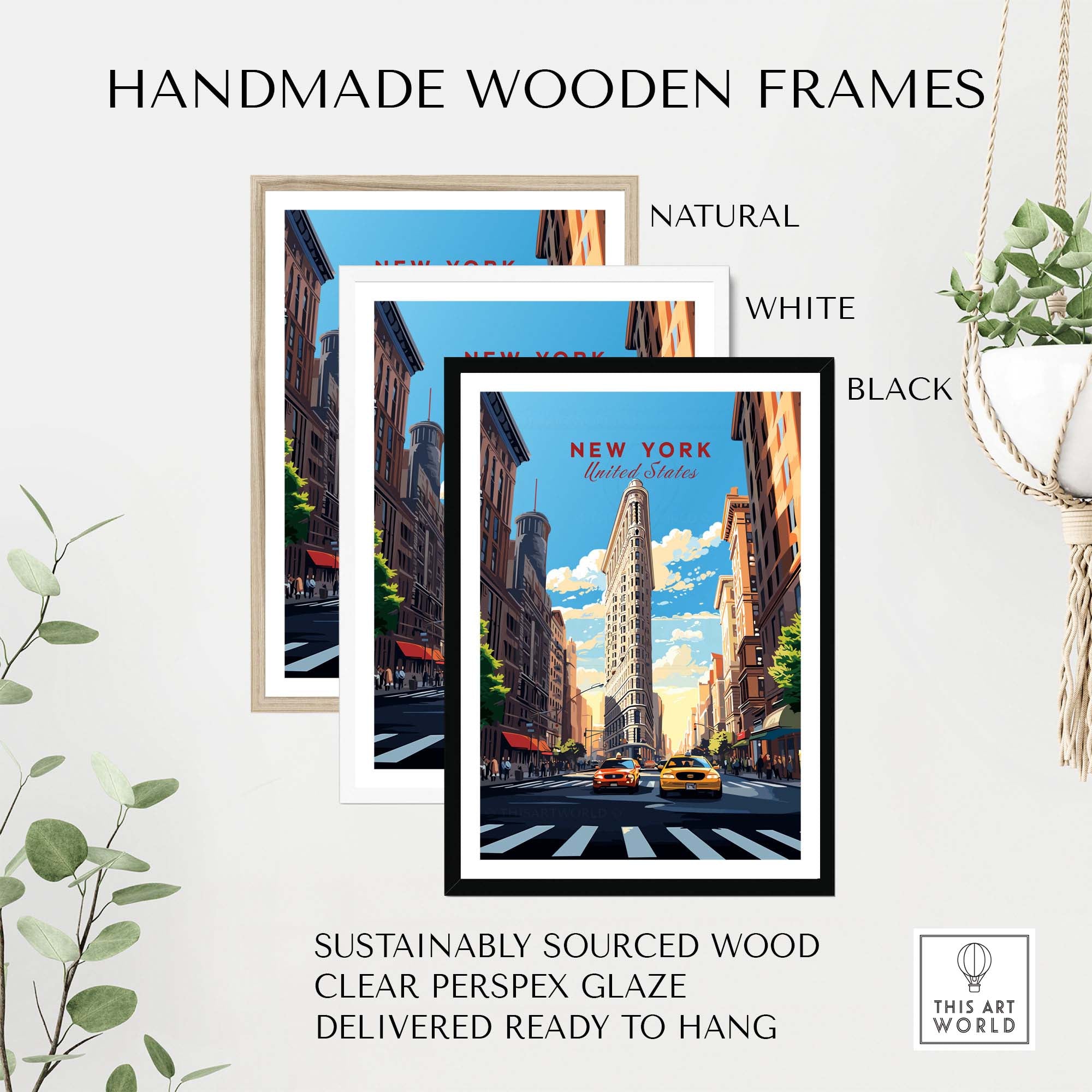 Handmade wooden frames in natural, white, and black for New York City print wall art. Sustainably sourced and ready to hang.