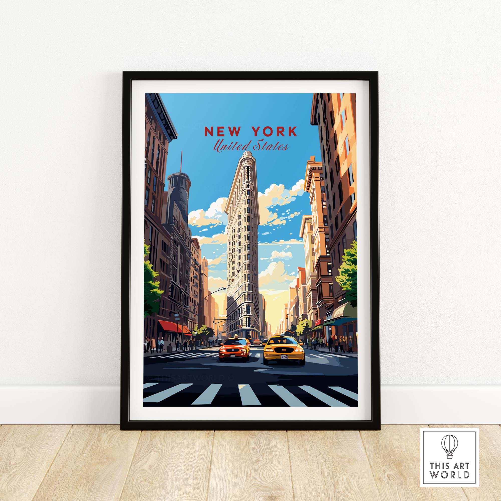 New York City print featuring the iconic Flatiron Building and bustling Manhattan streets with yellow taxis.