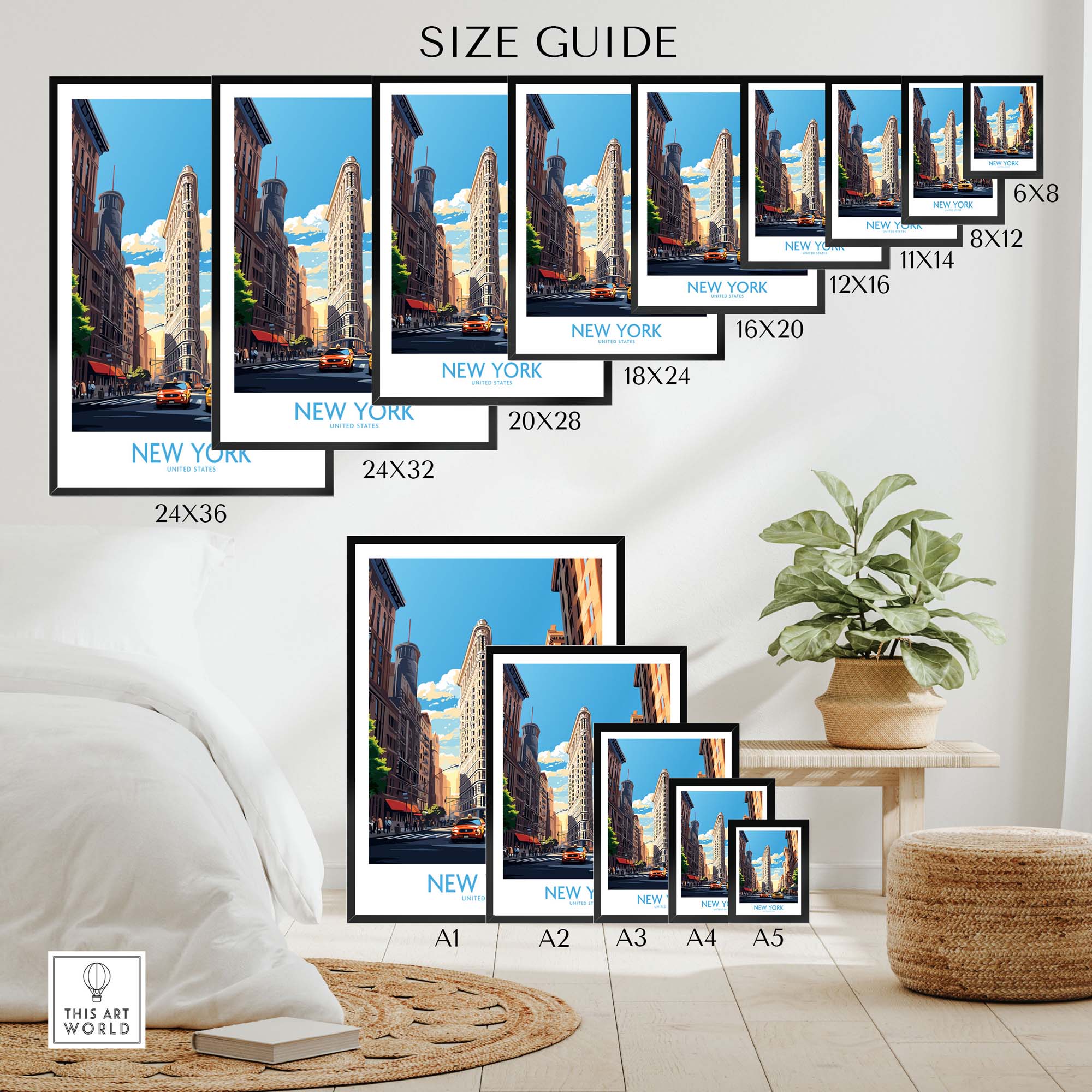 New York City wall art size guide showcasing various print sizes including Flatiron Building and NYC scenery.