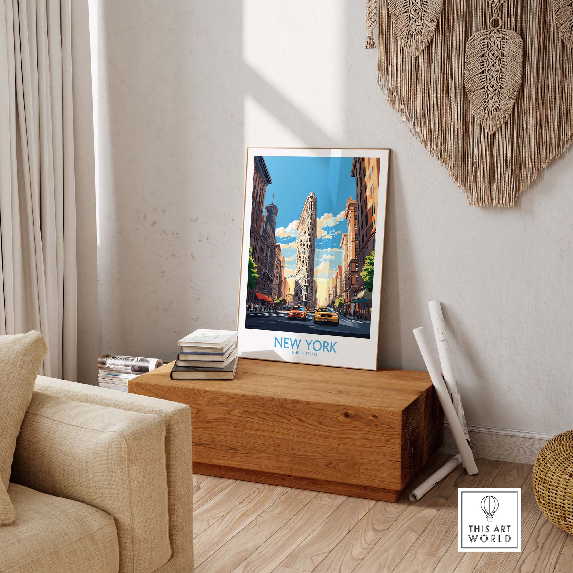 Stunning New York City wall art featuring the iconic Flatiron Building and yellow cabs in a cozy living room setting.