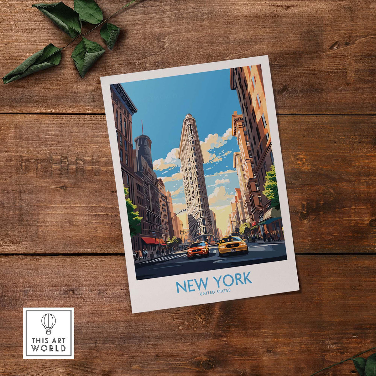 New York City wall art featuring the iconic Flatiron Building and yellow cabs, perfect for travel enthusiasts.