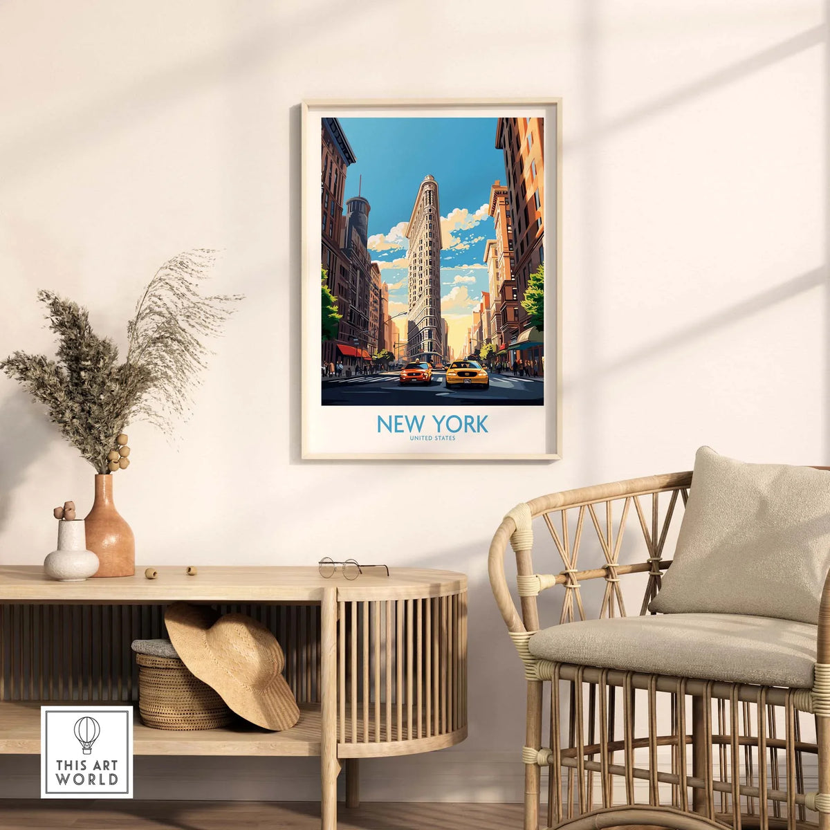 New York City wall art featuring the Flatiron Building and yellow cabs, perfect for travel enthusiasts.