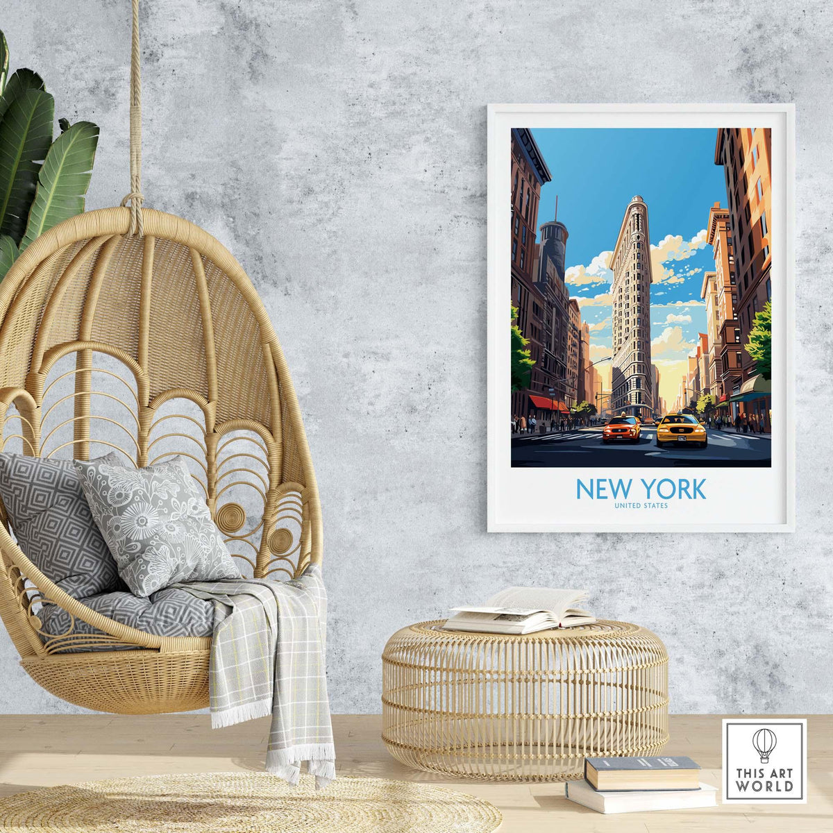 New York City wall art featuring the Flatiron Building and yellow cabs in a stylish home setting. Perfect for travel enthusiasts.