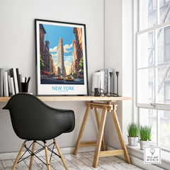 New York City wall art featuring the Flatiron Building and yellow cabs in a stylish home office setting.