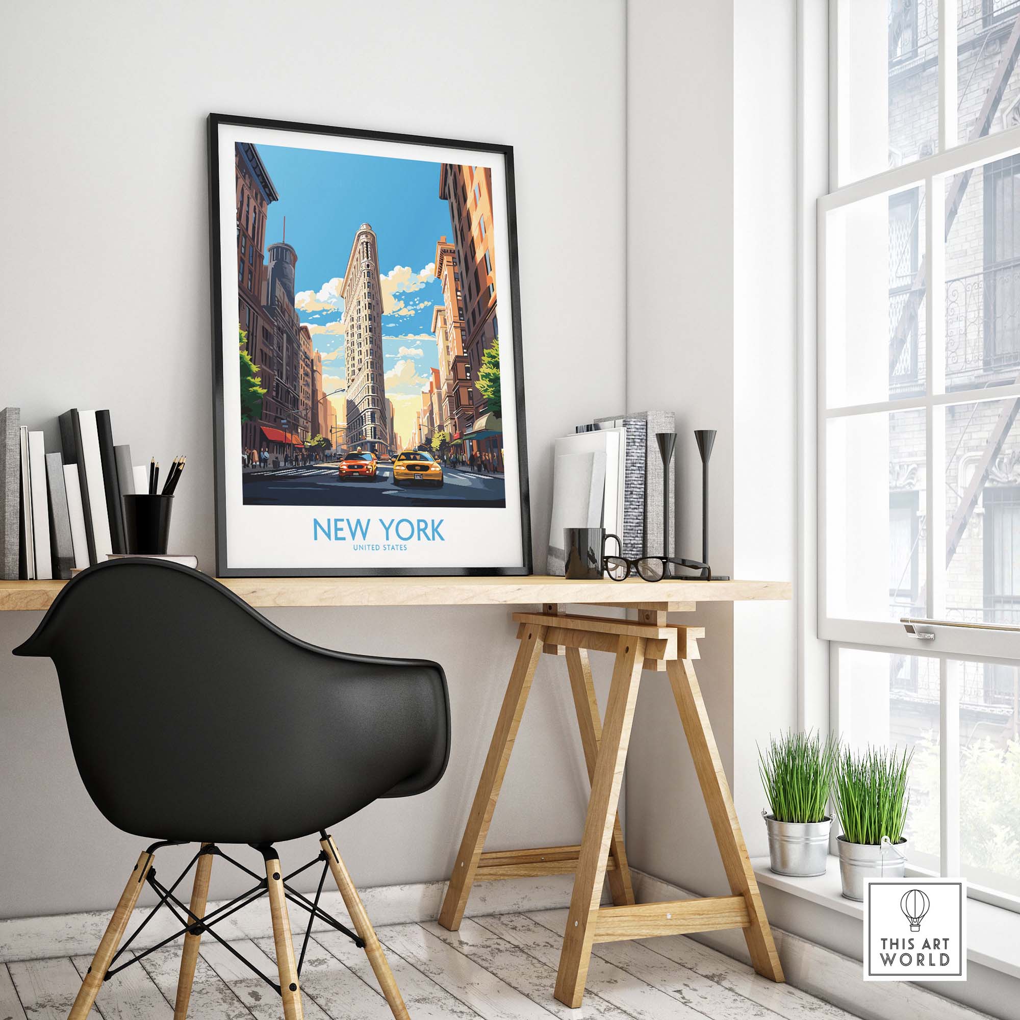 New York City wall art featuring the Flatiron Building and yellow cabs in a stylish home office setting.