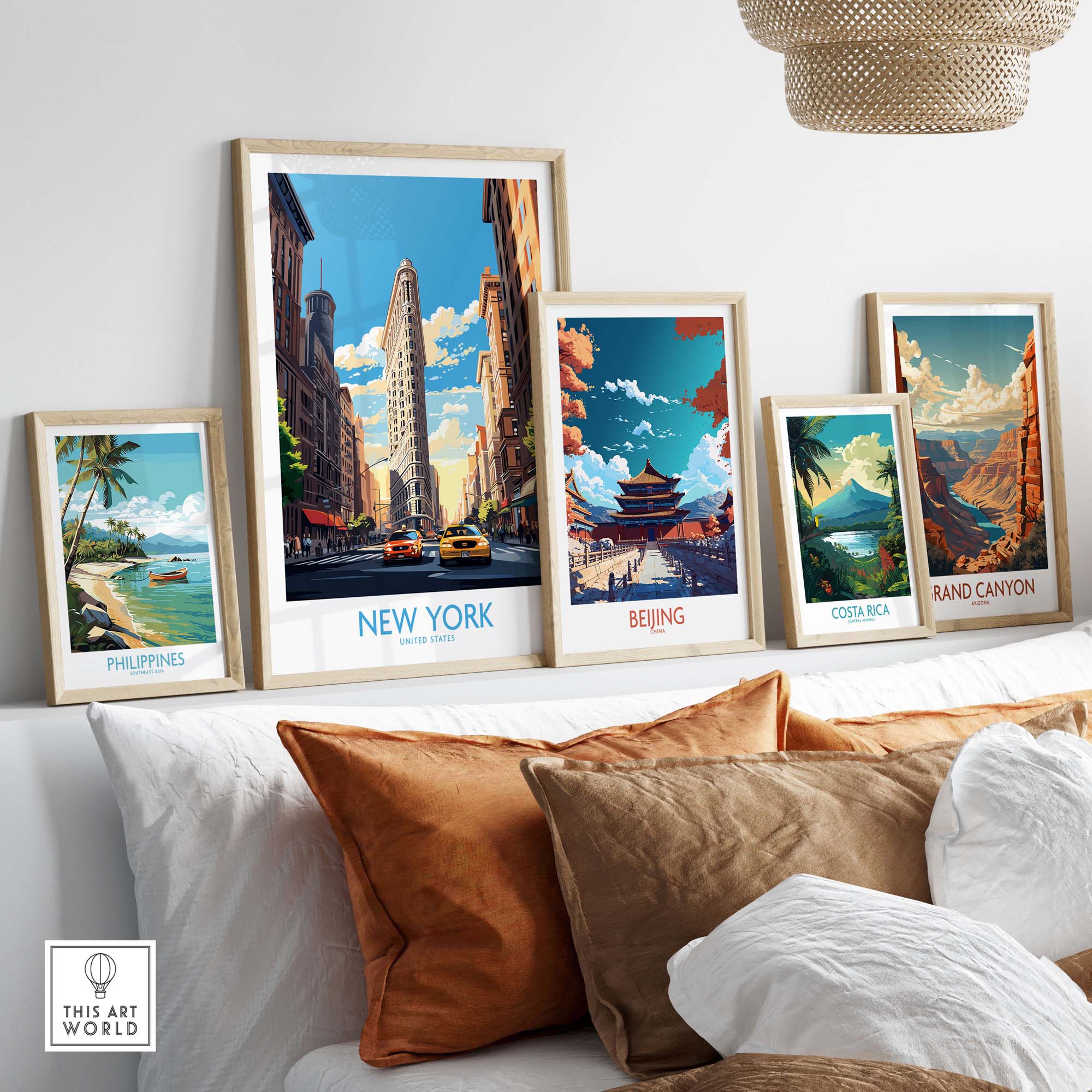 New York City wall art featuring iconic Flatiron Building and yellow cabs, surrounded by travel posters from around the world.