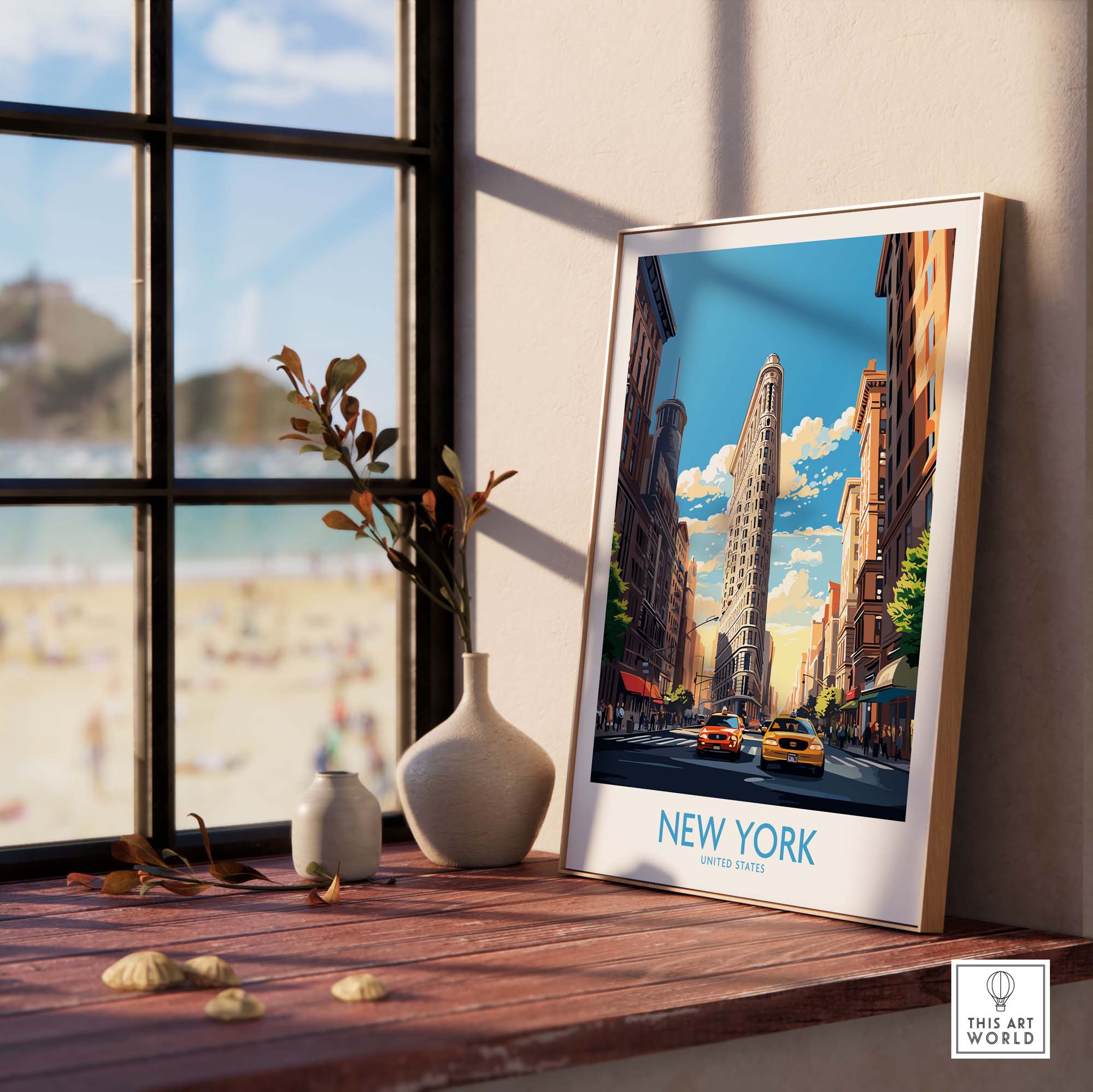 New York City wall art featuring the iconic Flatiron Building and yellow cabs, perfect for travel enthusiasts.