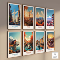 New York City travel wall art collection featuring iconic cities like Paris, Florence, Tokyo, and more in vibrant colors.