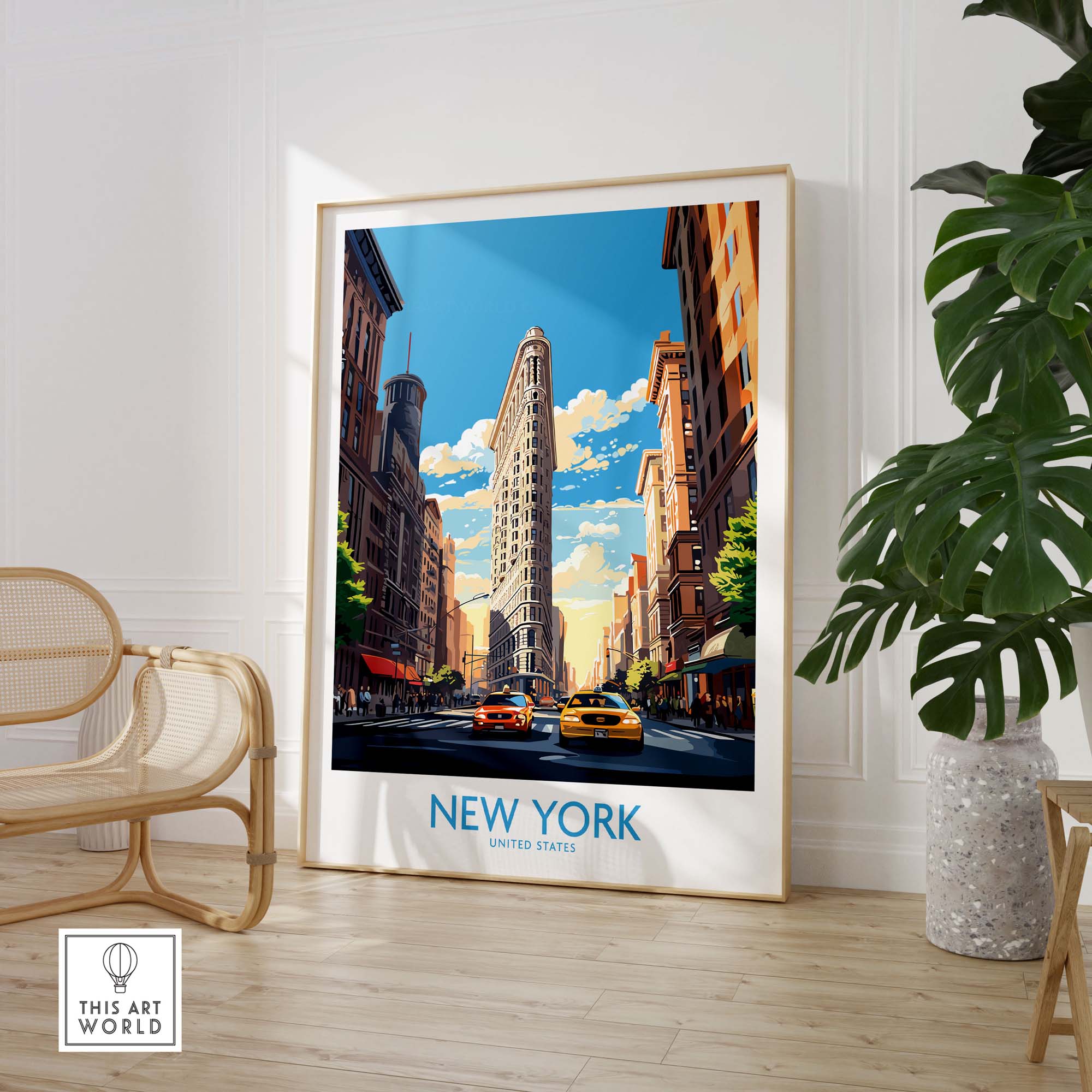 New York City wall art featuring the iconic Flatiron Building and yellow cabs in a vibrant urban scene.