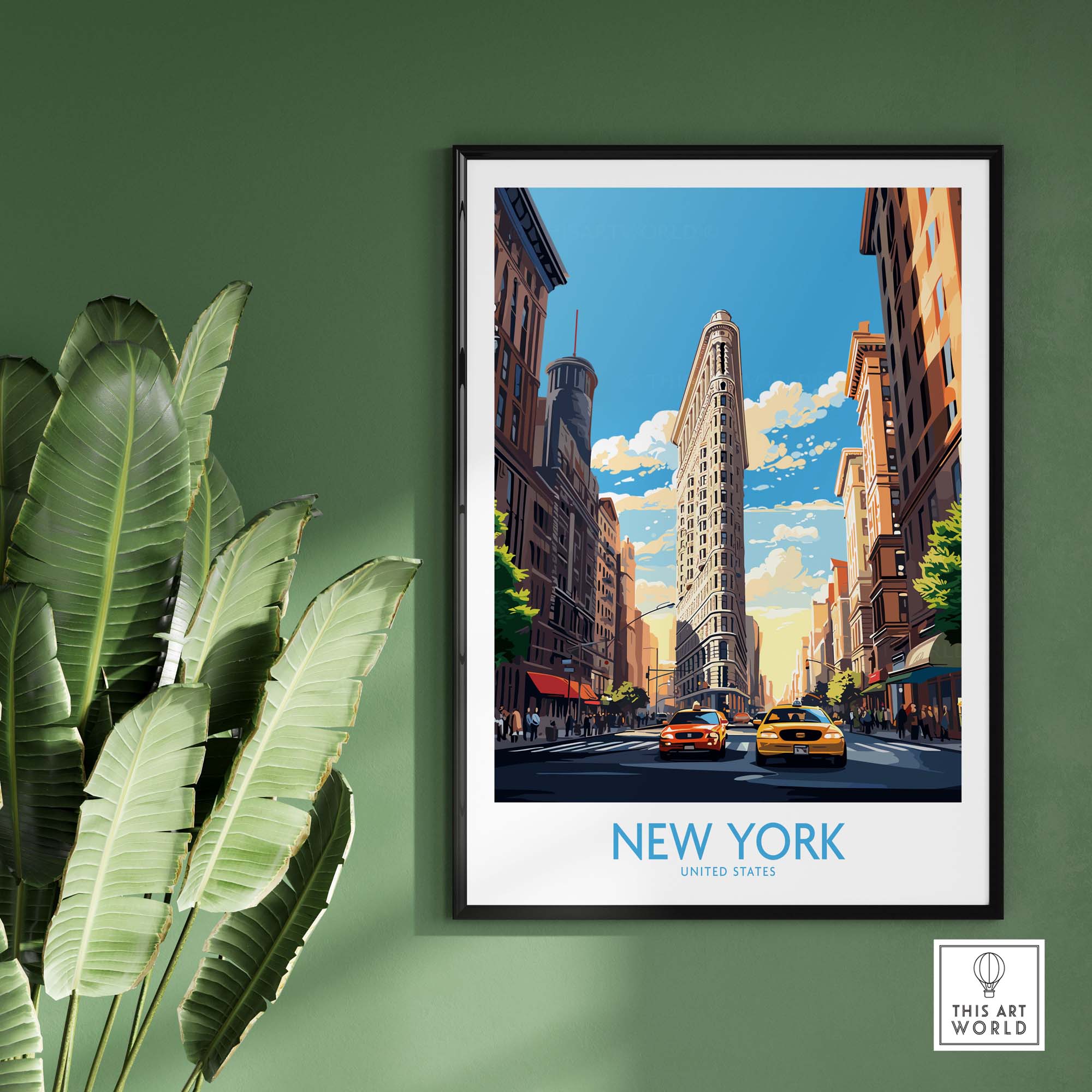 Stunning New York City wall art featuring the Flatiron Building and yellow cabs, perfect for travel enthusiasts.