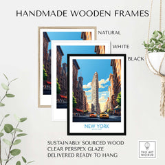 Handmade wooden frames in natural, white, and black for New York City wall art featuring the iconic Flatiron Building.
