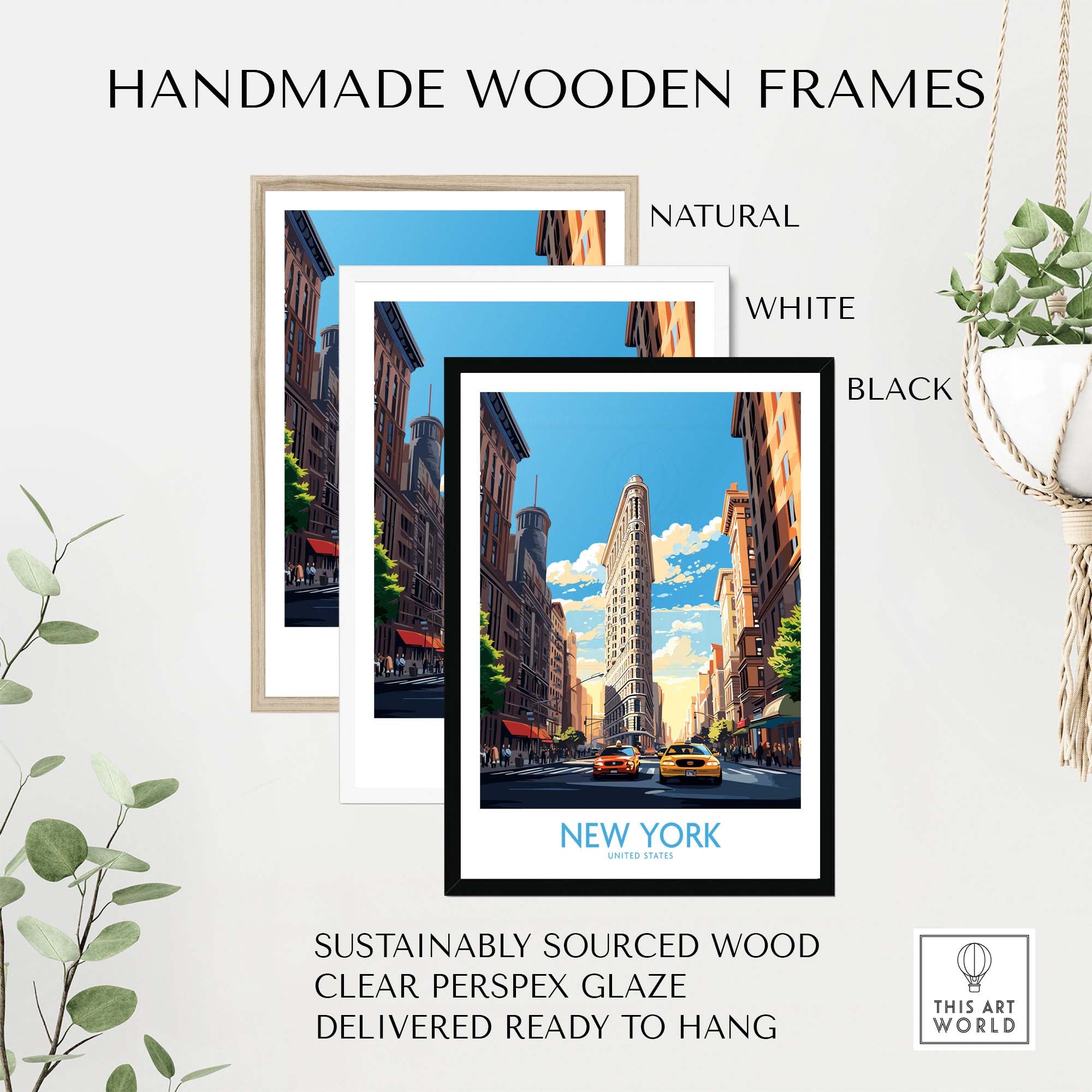 Handmade wooden frames in natural, white, and black for New York City wall art featuring the iconic Flatiron Building.