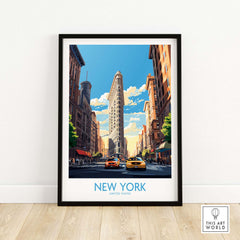 Framed New York City Wall Art featuring the Flatiron Building and yellow cabs against a bright blue sky.