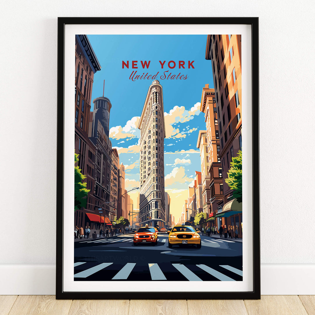 New York City Print featuring the iconic Flatiron Building in Manhattan with vibrant city life and yellow cabs.