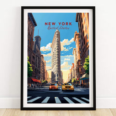 New York City Print featuring the iconic Flatiron Building in Manhattan with vibrant city life and yellow cabs.