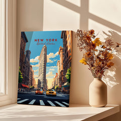 New York City Print featuring the Flatiron Building and vibrant city life in Manhattan, decorative wall art.