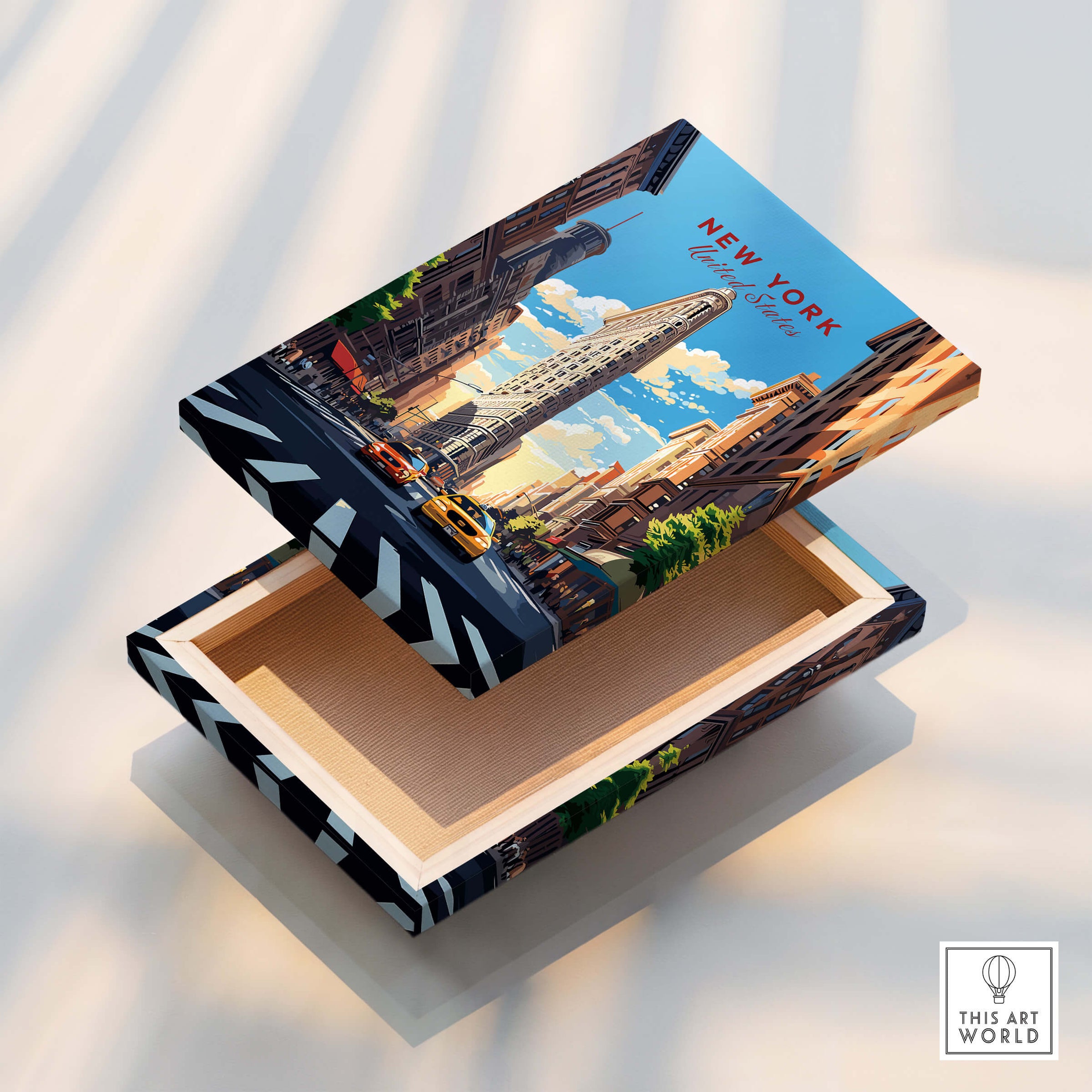 New York City Print on a decorative box, showcasing the Flatiron Building and vibrant NYC streets.