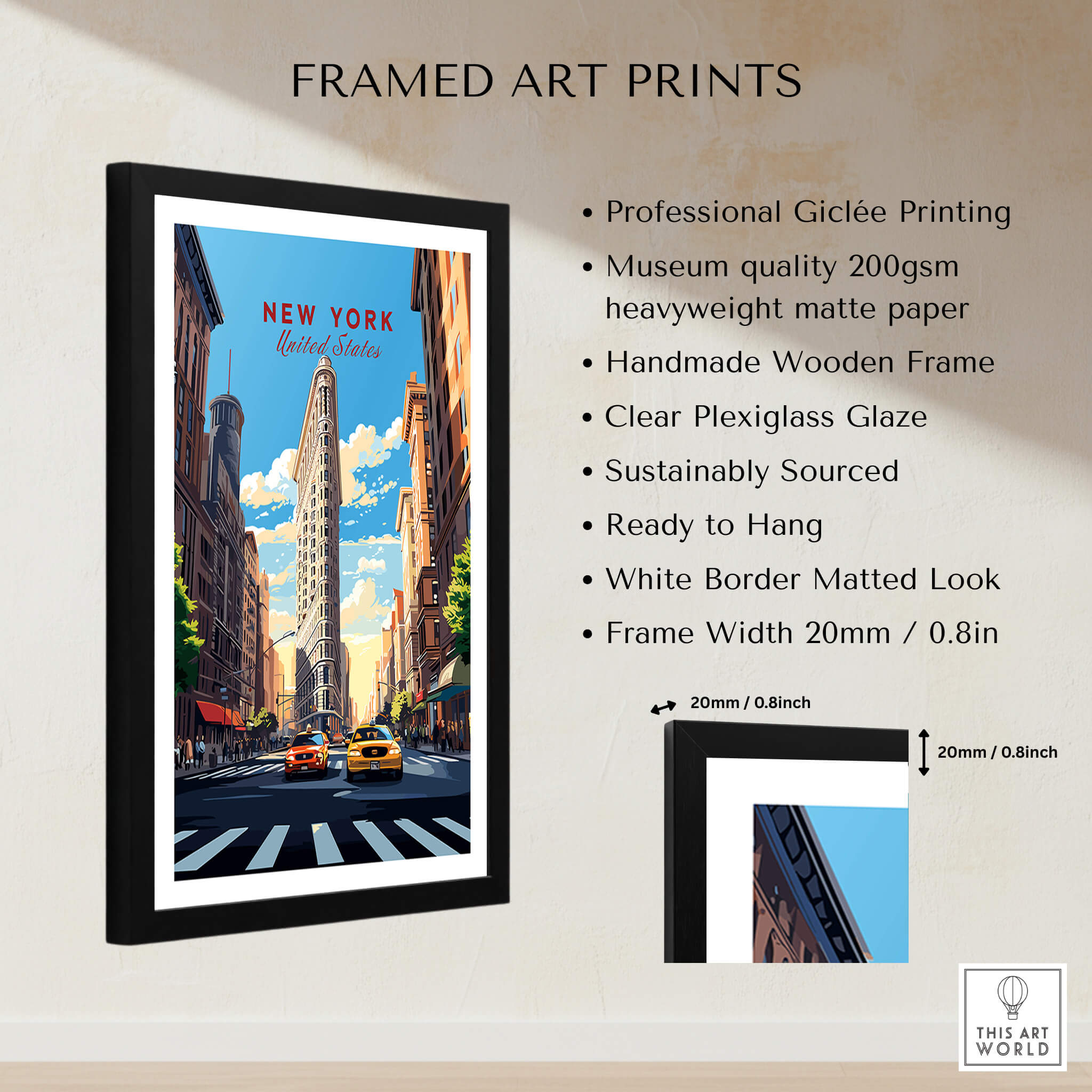 New York City Print in a framed Giclée print showcasing the iconic Flatiron Building and lively Manhattan street scene.