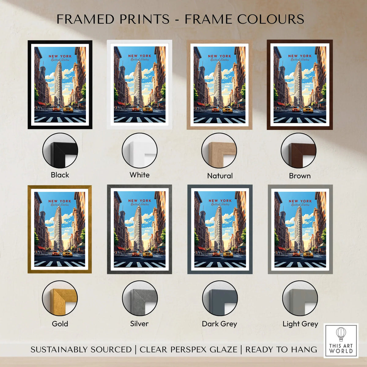 New York City Print framed in various colors including black, white, natural, brown, gold, silver, dark grey, and light grey.