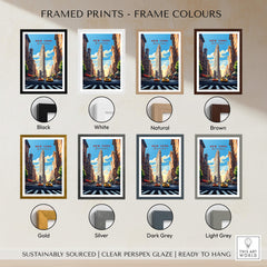 New York City Print framed in various colors including black, white, natural, brown, gold, silver, dark grey, and light grey.
