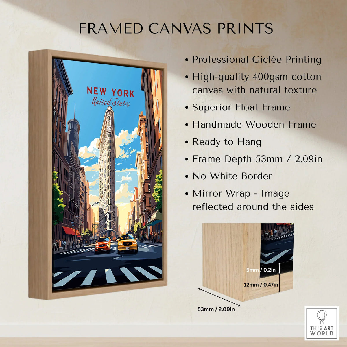 New York City Print featuring the iconic skyline and vibrant street life, framed with a natural wooden border.