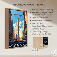 New York City Print featuring the iconic skyline and vibrant street life, framed with a natural wooden border.
